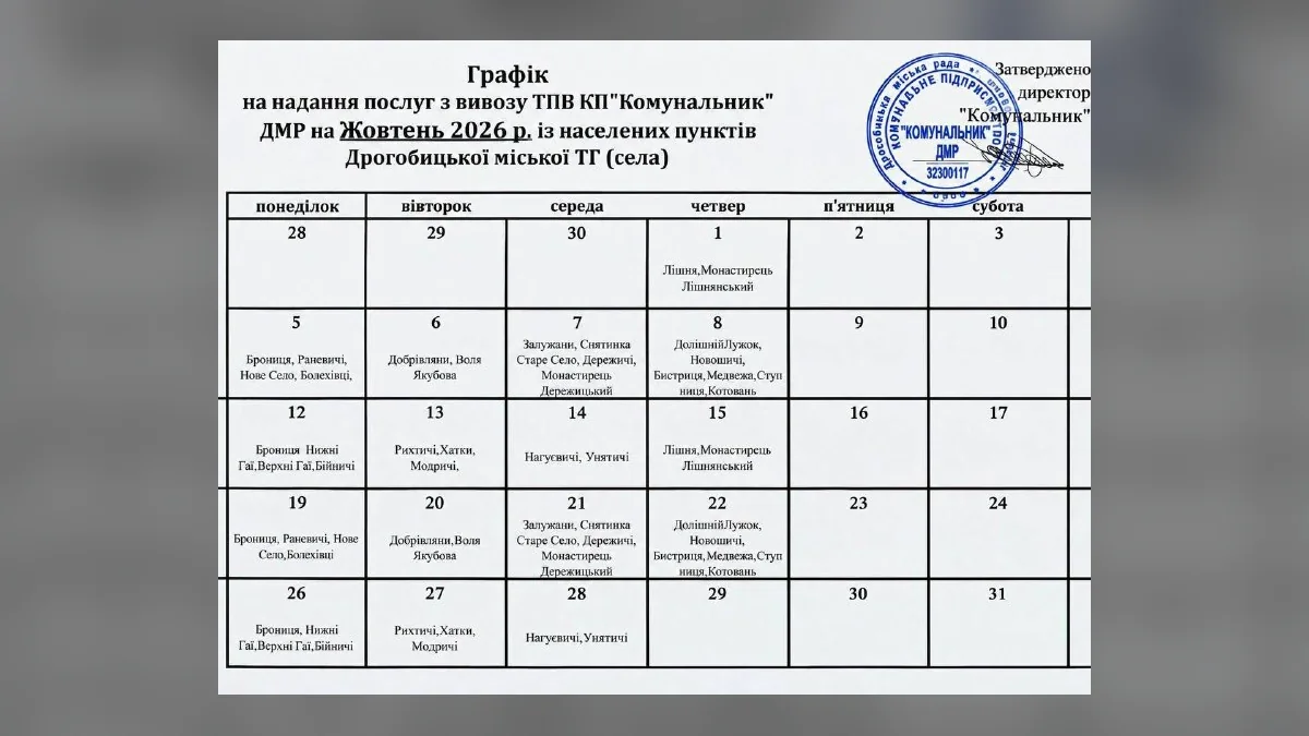 У Дрогобицькій громаді оприлюднили графік вивозу сміття на жовтень 2026 року